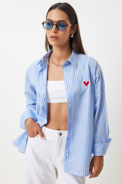 Kalp Nakışlı Çizgili Oversize Poplin gömlek Gök Mavi Beyaz Ldx0001 Kalp Nakışlı Çizgili Oversize Poplin gömlek Gök Mavi Beyaz Ldx0001