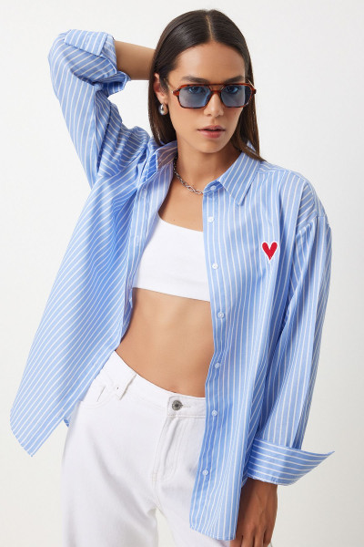 Kalp Nakışlı Çizgili Oversize Poplin gömlek Gök Mavi Beyaz Ldx0001 Kalp Nakışlı Çizgili Oversize Poplin gömlek Gök Mavi Beyaz Ldx0001