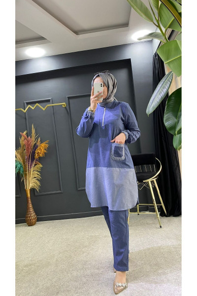 Kadın Üst Fermuarlı Cepli Tansel Kumaş  Pantolon Beli Lastikli Tesettür İkili Takım