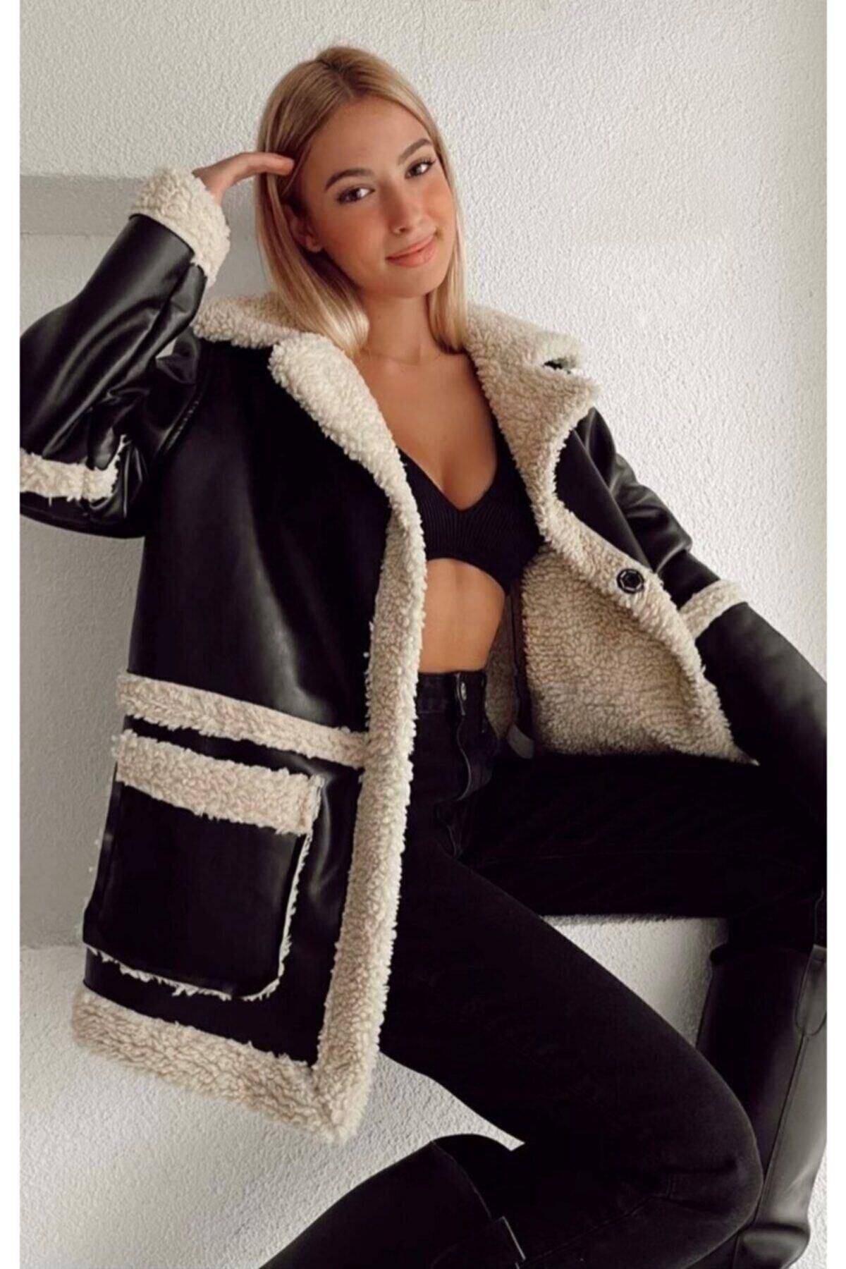 Kadın Siyah Peluş Cep Içi Kürklü Deri Mont Kadın Siyah Peluş Cep Içi Kürklü Deri Mont