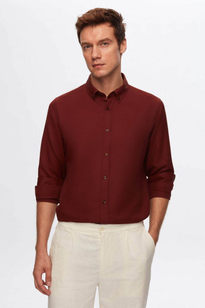 Slim Fit Bakir Armürlü Düğmeli Yaka Pamuklu Gömlek Slim Fit Bakir Armürlü Düğmeli Yaka Pamuklu Gömlek