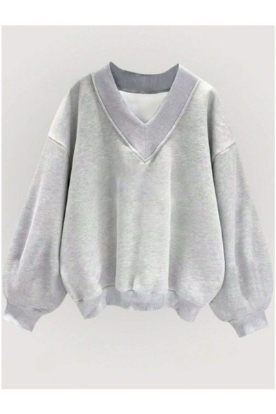 Kadın V Yaka Düz Oversize Sweatshirt Kadın V Yaka Düz Oversize Sweatshirt