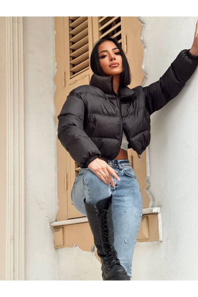 Trend Crop Siyah Kısa Şişme Krop Mont