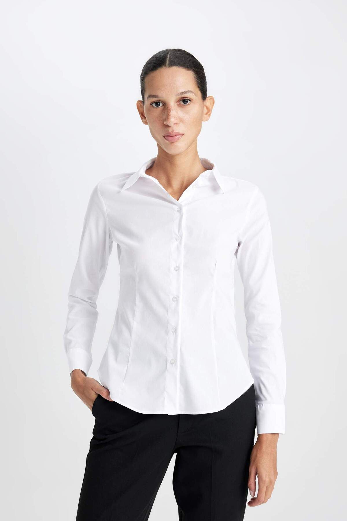 Regular Fit Bengalin Dokuma Uzun Kollu Basic Beyaz Gömlek I5278az24au