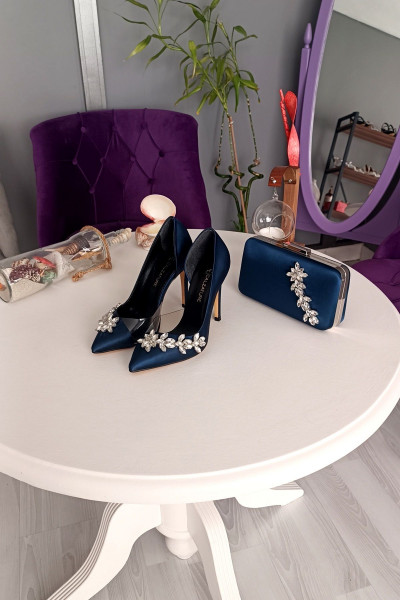 Lacivert Saten Çanta Takım 11cm Yan Şeffaf Yıldız Taşlı Topuklu Stiletto Kadın Ayakkabı