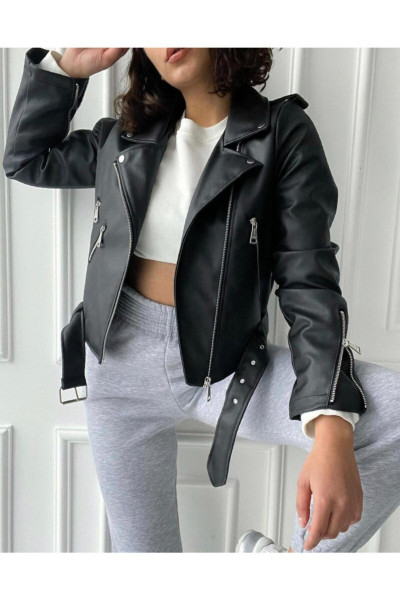 Kadın Siyah Fermuar Ve Kemer Detay Deri Ceket Kadın Siyah Fermuar Ve Kemer Detay Deri Ceket