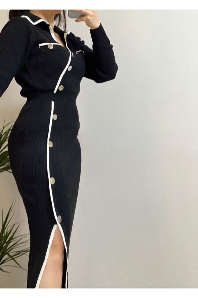 Yırtmaç Detaylı Fitilli Polo Yaka Trend Siyah Elbise Yırtmaç Detaylı Fitilli Polo Yaka Trend Siyah Elbise