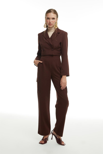 Kruvaze Crop Blazer Ceket Kahverengi Kruvaze Crop Blazer Ceket Kahverengi