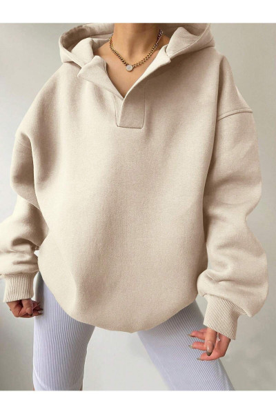 Unisex V-Yaka Kapüşonlu Basic Oversize Swetshirt Unisex V-Yaka Kapüşonlu Basic Oversize Swetshirt