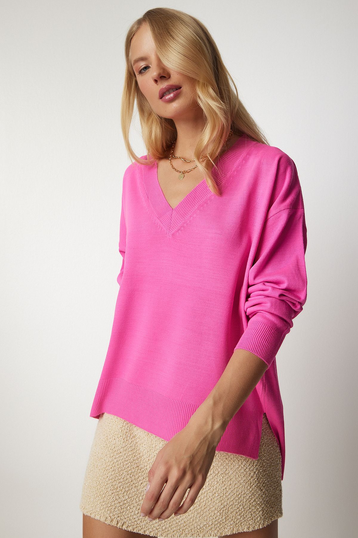 V Yaka Oversize Triko Kazak Pembe Lbv0026 V Yaka Oversize Triko Kazak Pembe Lbv0026