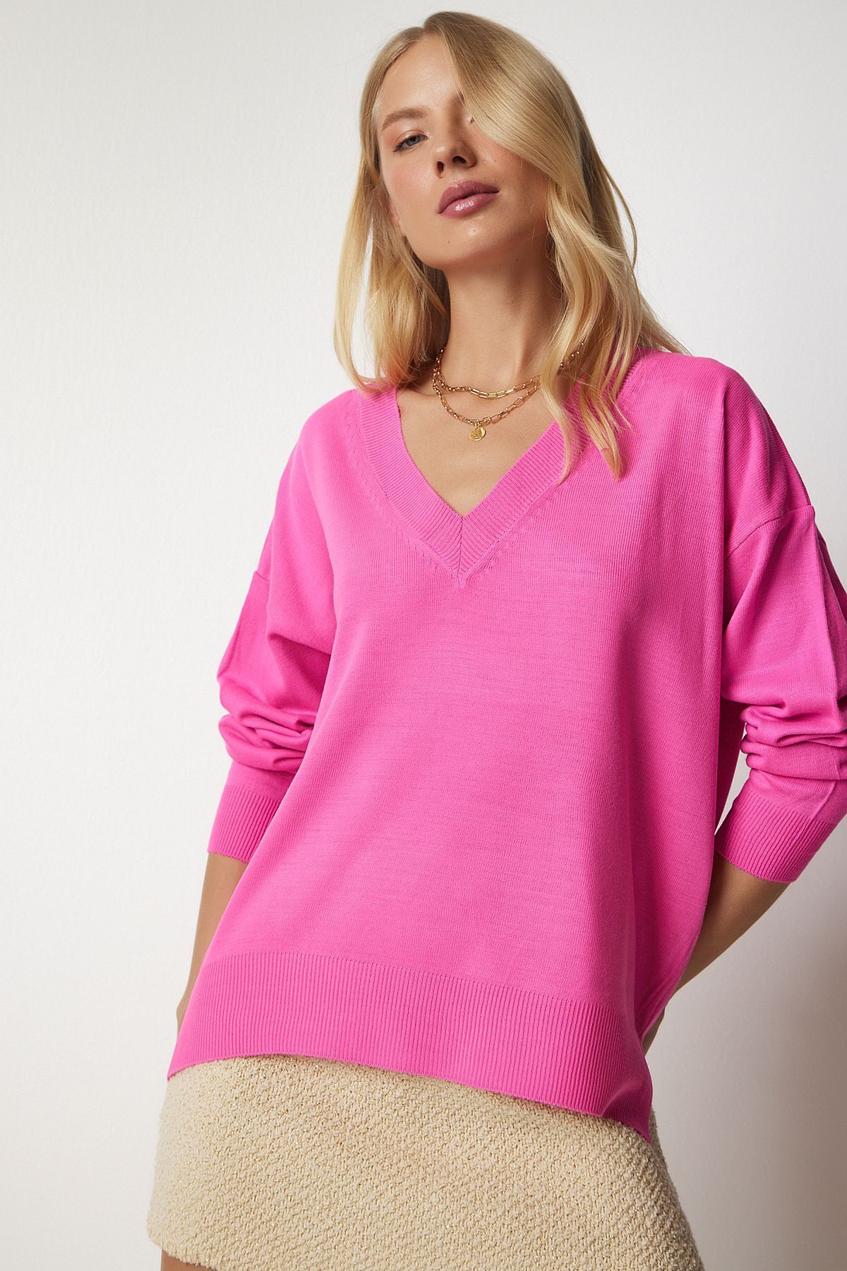 V Yaka Oversize Triko Kazak Pembe Lbv0026 V Yaka Oversize Triko Kazak Pembe Lbv0026