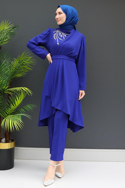 Taşlı Pileli Takım Gece Mavi