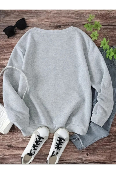 Unisex Gri Leopar Baskılı Bisiklet Yaka Oversize Sweatshirt