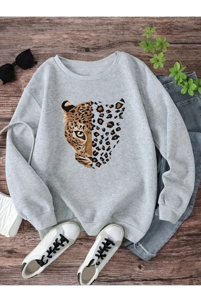 Unisex Gri Leopar Baskılı Bisiklet Yaka Oversize Sweatshirt