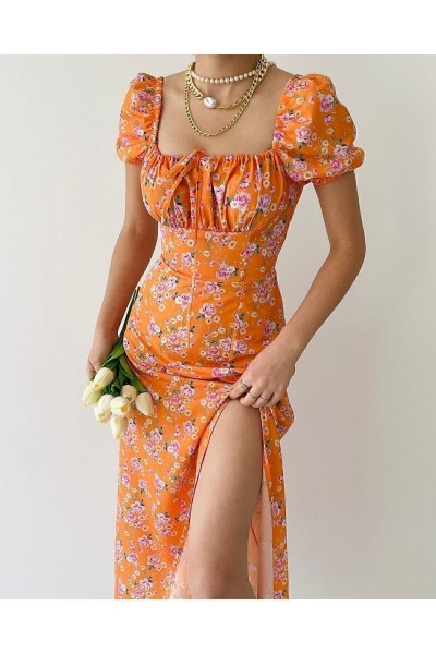 Turuncu Çiçekli Midi Boy Yırtmaçlı Elbise Turuncu Çiçekli Midi Boy Yırtmaçlı Elbise