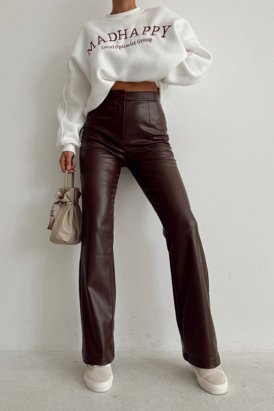 Kahve Ispanyol Paça Deri Pantolon