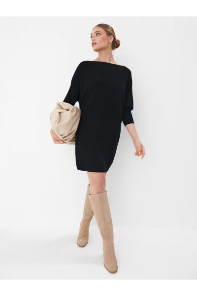 Siyah Triko Elbise Yarasa Kol Kayık Yaka Siyah Triko Elbise Yarasa Kol Kayık Yaka