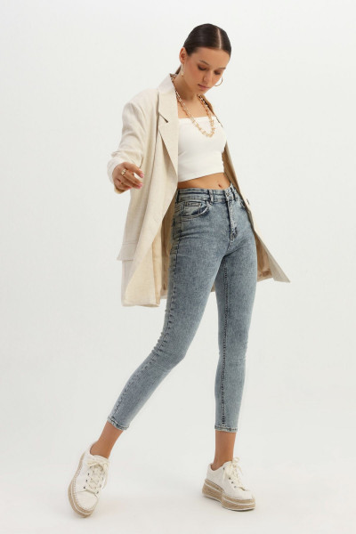 Kruvaze Yaka Tek Düğmeli Keten Blazer Ceket Naturel Kruvaze Yaka Tek Düğmeli Keten Blazer Ceket Naturel