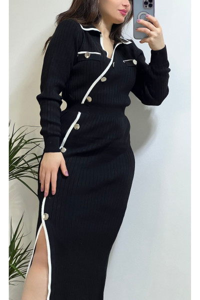 Yırtmaç Detaylı Fitilli Polo Yaka Trend Siyah Elbise Yırtmaç Detaylı Fitilli Polo Yaka Trend Siyah Elbise