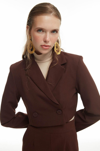 Kruvaze Crop Blazer Ceket Kahverengi Kruvaze Crop Blazer Ceket Kahverengi