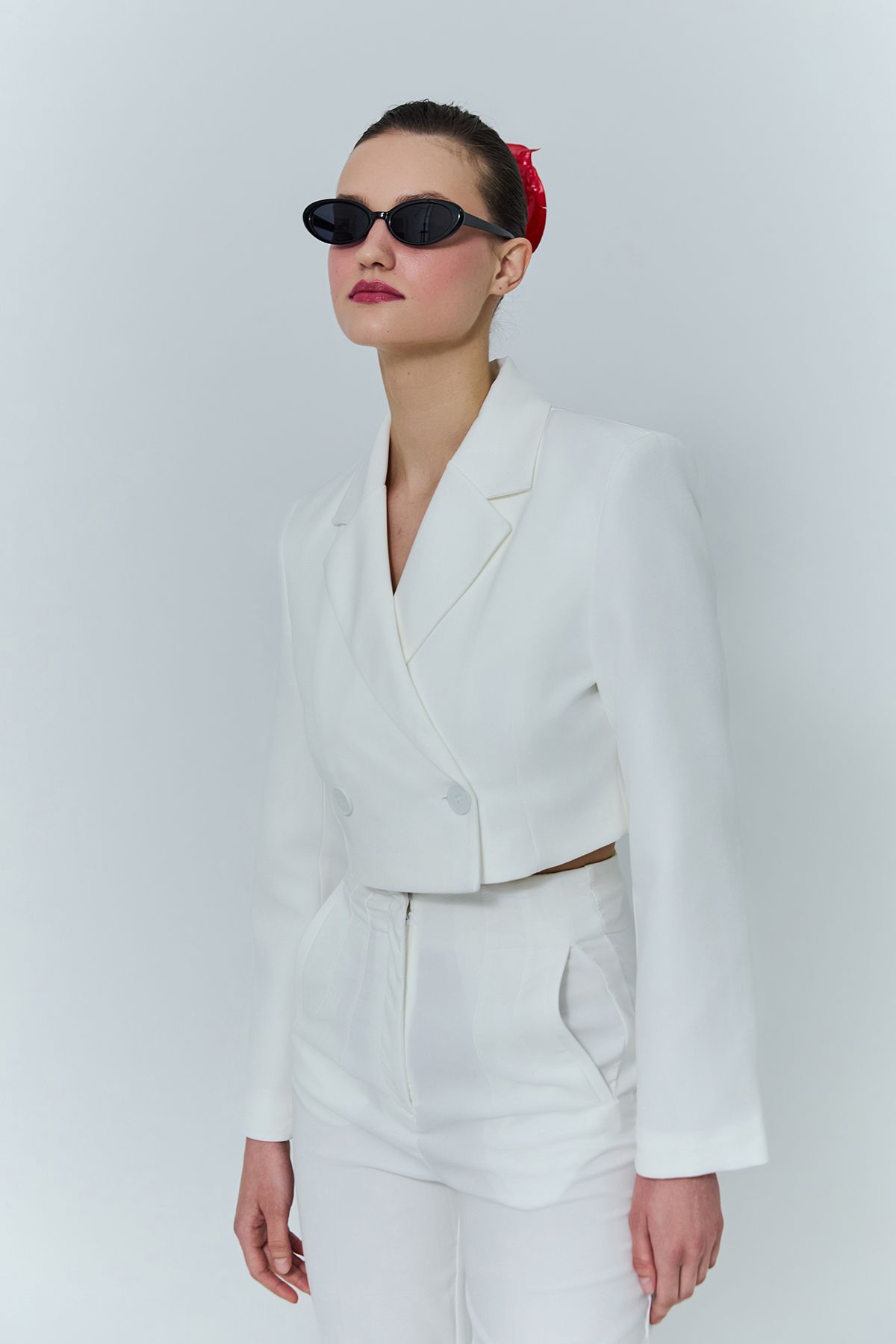 Kruvaze Crop Blazer Ceket Ekru Kruvaze Crop Blazer Ceket Ekru