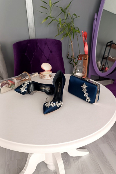 Lacivert Saten Çanta Takım 11cm Yan Şeffaf Yıldız Taşlı Topuklu Stiletto Kadın Ayakkabı