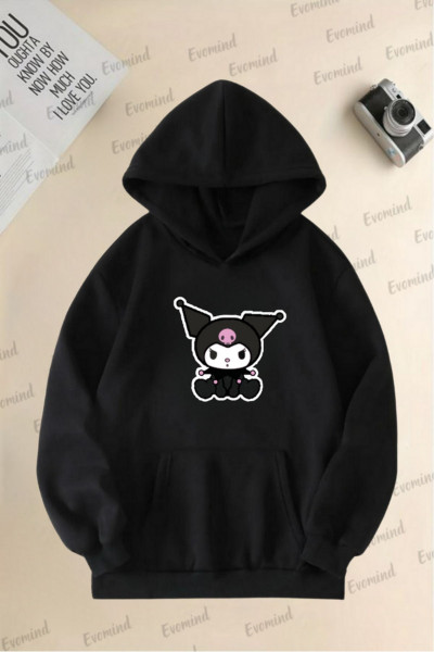 Unisex Kuromi Baskılı Yetişkin ve Çocuk Oversize Kapüşonlu Sweatshirt