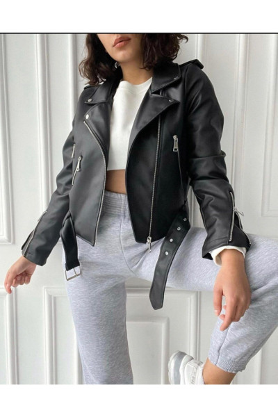 Kadın Siyah Fermuar Ve Kemer Detay Deri Ceket Kadın Siyah Fermuar Ve Kemer Detay Deri Ceket