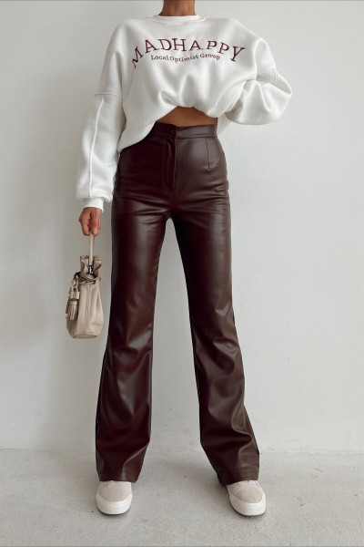 Kahve Ispanyol Paça Deri Pantolon