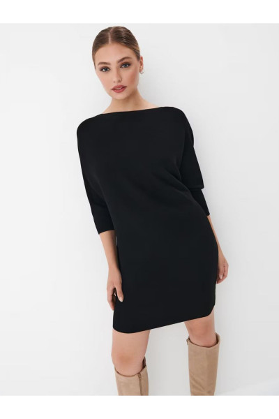 Siyah Triko Elbise Yarasa Kol Kayık Yaka Siyah Triko Elbise Yarasa Kol Kayık Yaka