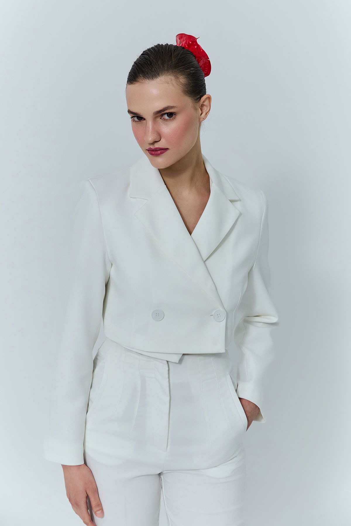 Kruvaze Crop Blazer Ceket Ekru Kruvaze Crop Blazer Ceket Ekru