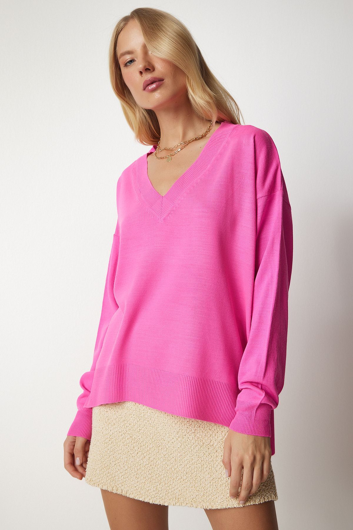 V Yaka Oversize Triko Kazak Pembe Lbv0026 V Yaka Oversize Triko Kazak Pembe Lbv0026