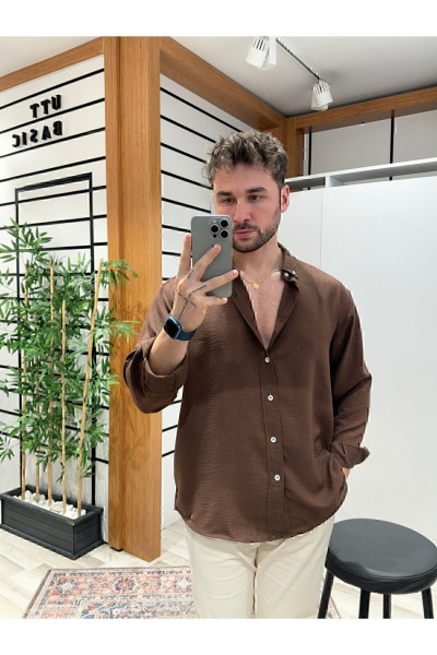 Kahve  Oversize Dokulu Gömlek