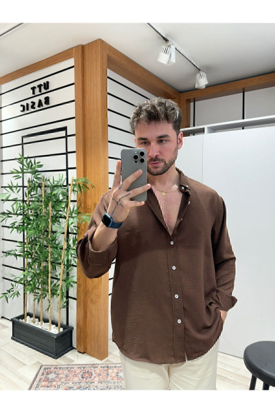 Kahve  Oversize Dokulu Gömlek