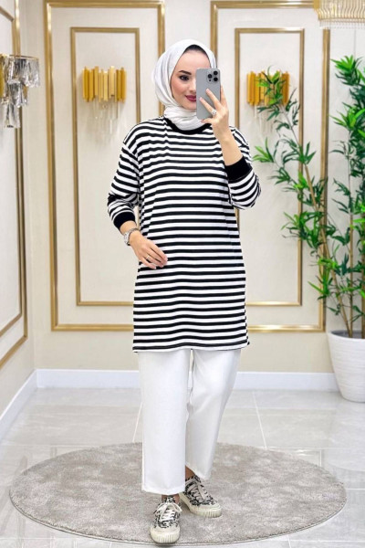 Moda Neva Kadın Siyah Çizgili Tesettür Tunik Moda Neva Kadın Siyah Çizgili Tesettür Tunik