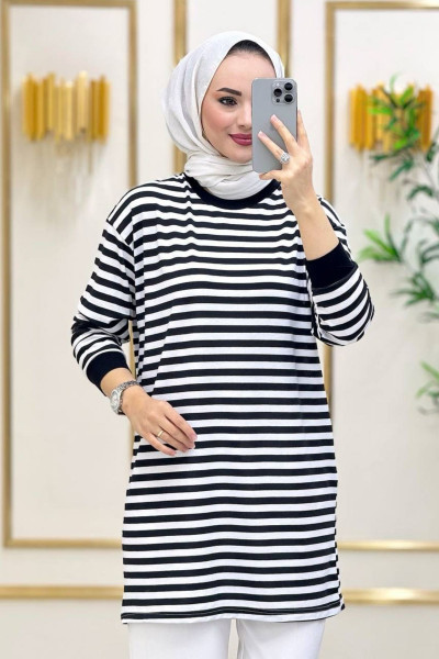 Moda Neva Kadın Siyah Çizgili Tesettür Tunik Moda Neva Kadın Siyah Çizgili Tesettür Tunik