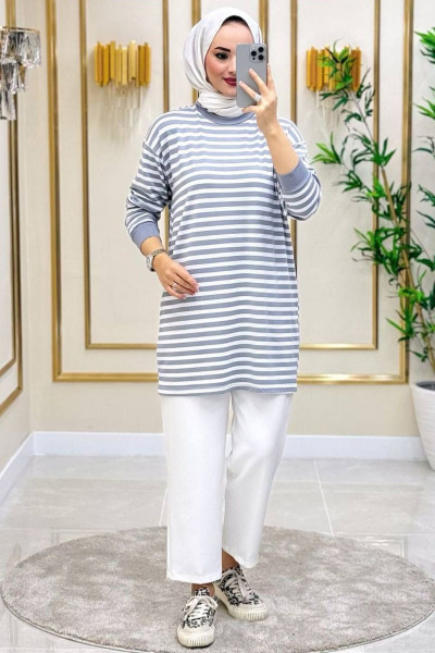 Moda Neva Kadın Gri Çizgili Tesettür Tunik Moda Neva Kadın Gri Çizgili Tesettür Tunik