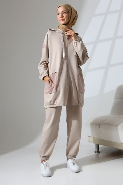 Kadın Taş Rengi Mevsimlik Penye Alt Üst Spor ve Rahat Tesettür Takım