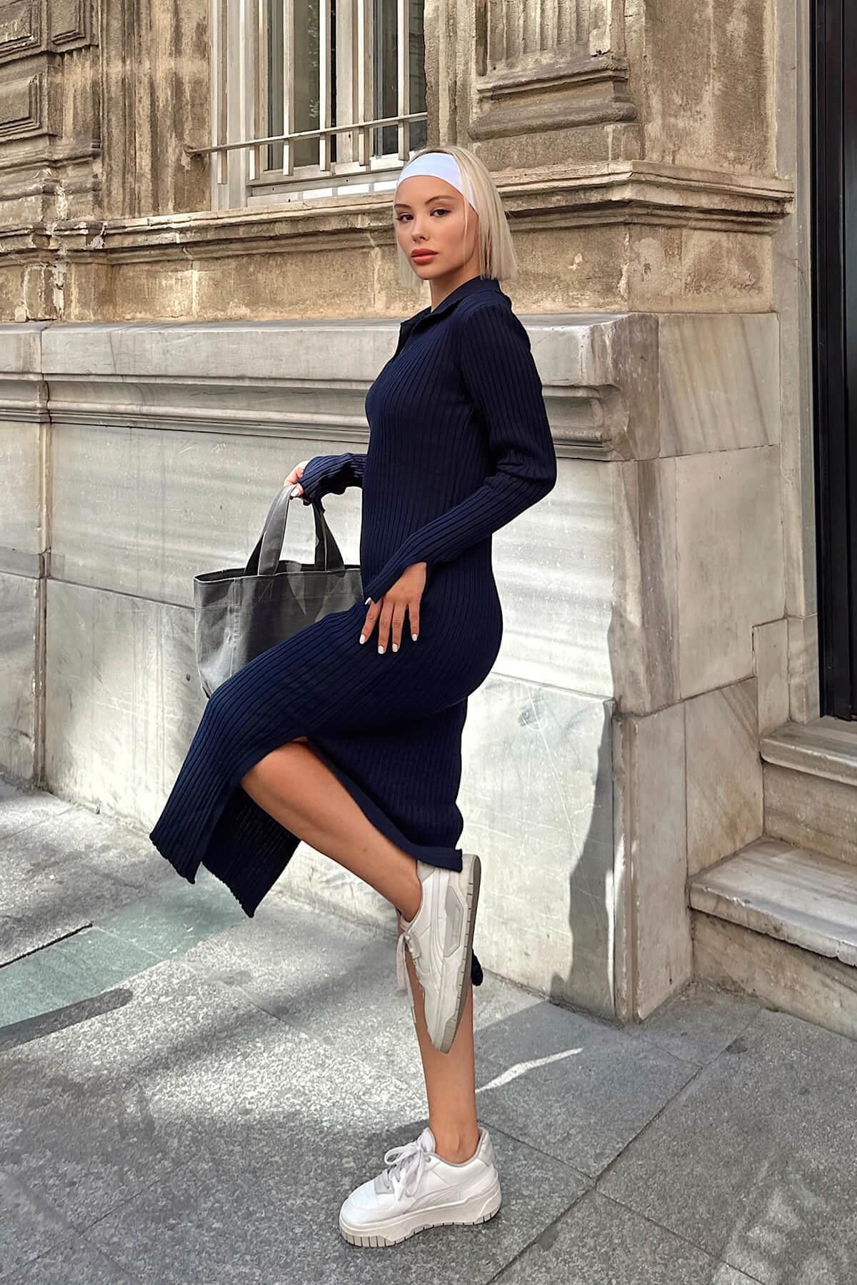 Lacivert Polo Yaka Kol Detay Kadın Triko Midi Elbise Lacivert Polo Yaka Kol Detay Kadın Triko Midi Elbise