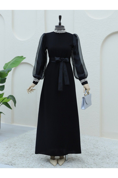 Yakası Ve Kolları Taşlı Beli Bağcıklı Organze Kol Elbise Yakası Ve Kolları Taşlı Beli Bağcıklı Organze Kol Elbise