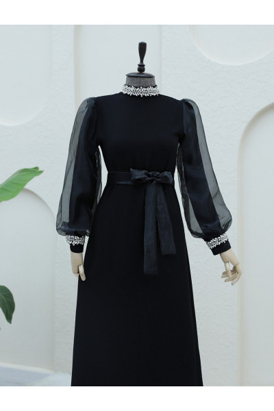 Yakası Ve Kolları Taşlı Beli Bağcıklı Organze Kol Elbise Yakası Ve Kolları Taşlı Beli Bağcıklı Organze Kol Elbise
