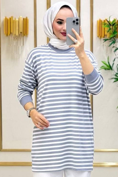 Moda Neva Kadın Gri Çizgili Tesettür Tunik Moda Neva Kadın Gri Çizgili Tesettür Tunik