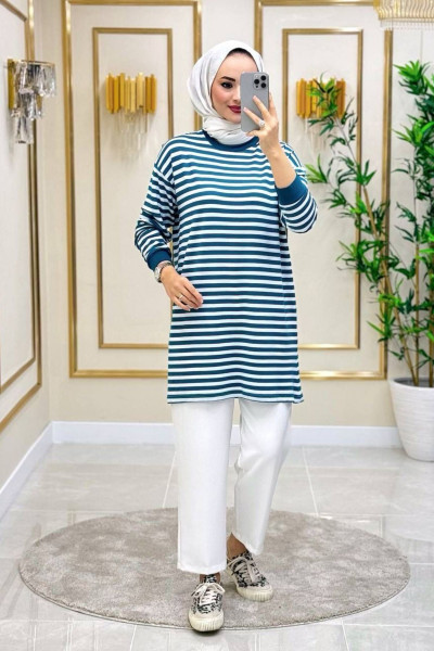 Moda Neva Kadın Yeşil Çizgili Tesettür Tunik Moda Neva Kadın Yeşil Çizgili Tesettür Tunik