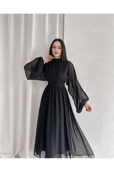 Siyah Uzun Kollu Belden Oturtmalı Elbise