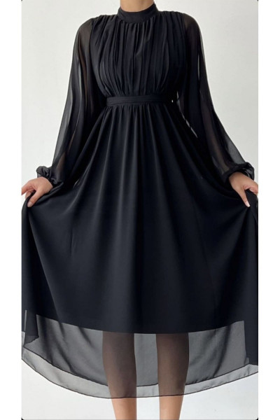 Siyah Uzun Kollu Belden Oturtmalı Elbise
