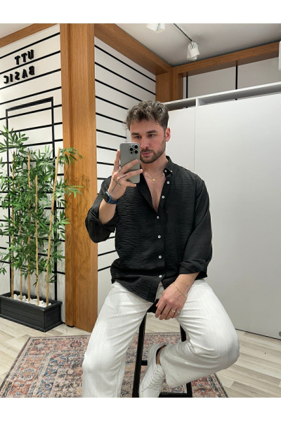 Siyah  Oversize Dokulu Gömlek