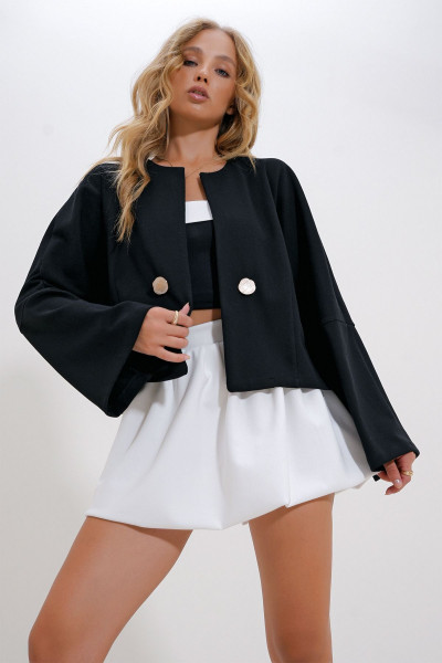 Kadın Siyah Düğme Detaylı Önü Açık Kısa Ceket ALC-X12490 Kadın Siyah Düğme Detaylı Önü Açık Kısa Ceket ALC-X12490