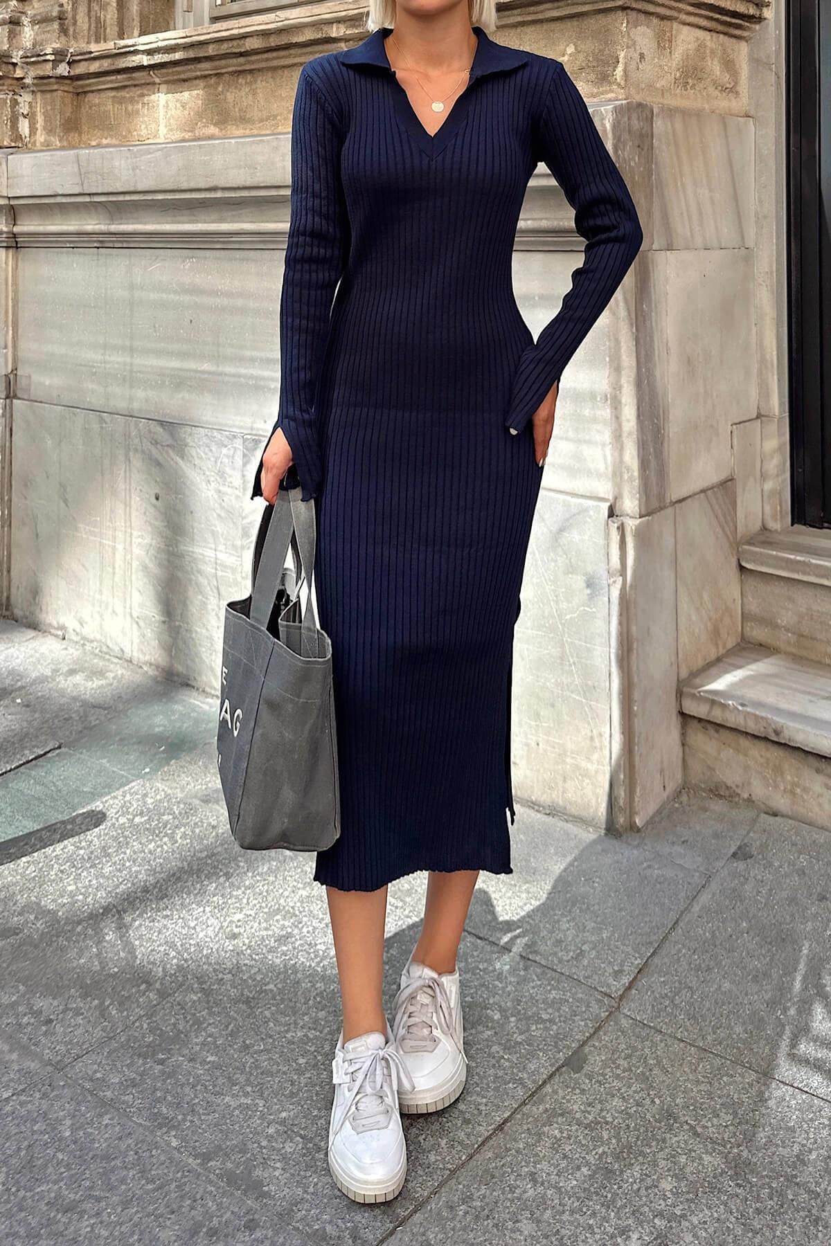 Lacivert Polo Yaka Kol Detay Kadın Triko Midi Elbise Lacivert Polo Yaka Kol Detay Kadın Triko Midi Elbise