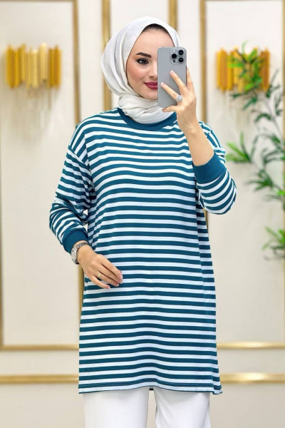 Moda Neva Kadın Yeşil Çizgili Tesettür Tunik Moda Neva Kadın Yeşil Çizgili Tesettür Tunik