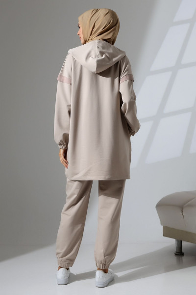 Kadın Taş Rengi Mevsimlik Penye Alt Üst Spor ve Rahat Tesettür Takım